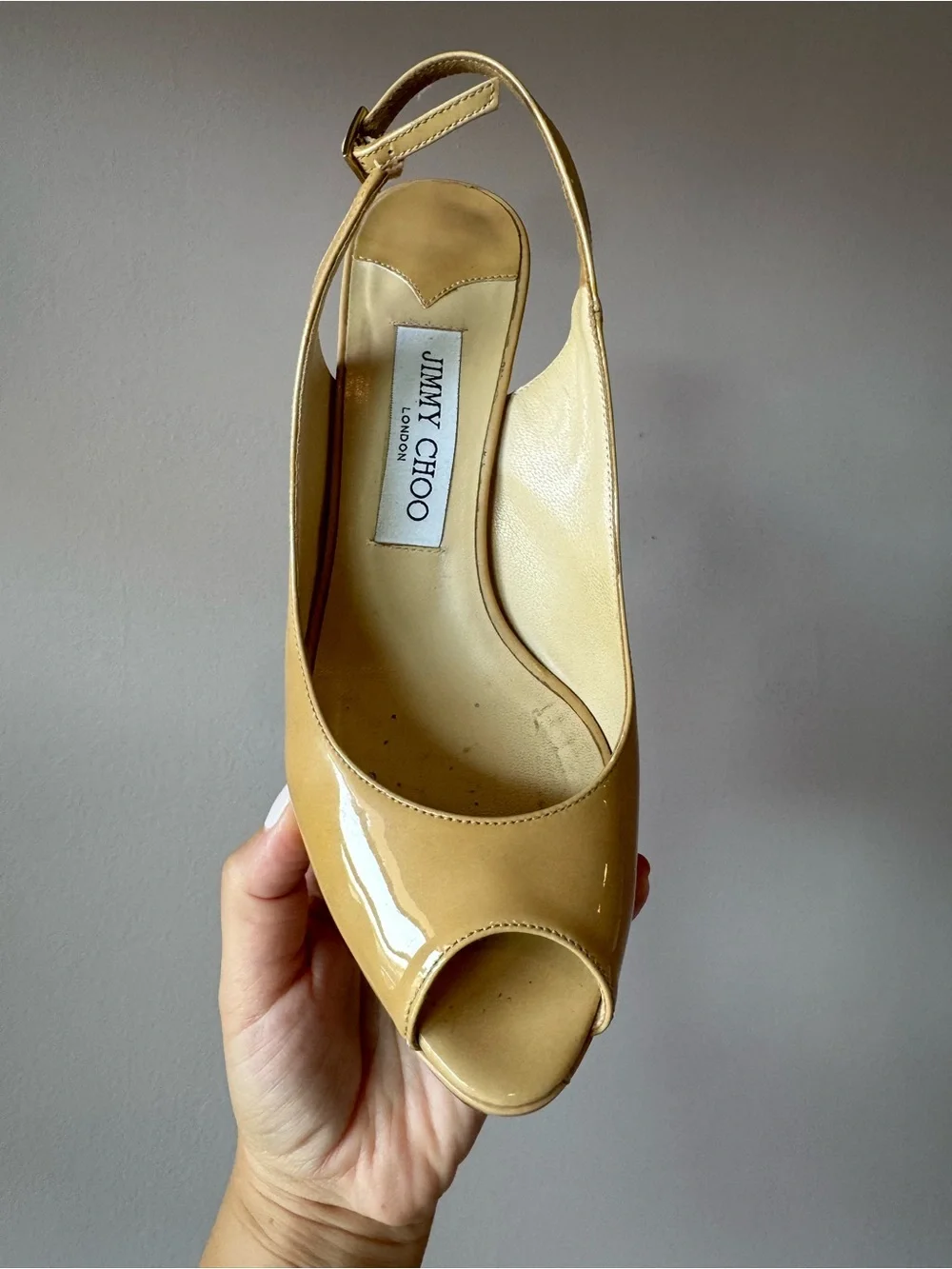 Jimmy Choo Women’s Nude‎ Patent Leather Peep Toe Slingback Heels Pumps Size 37.5